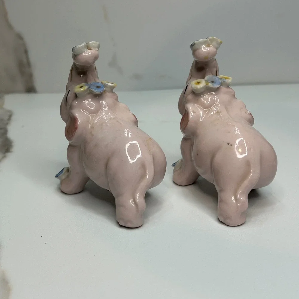 Vintage Pink Elephant Salt and Pepper Shakers Japan Ceramic Floral Gold Trim